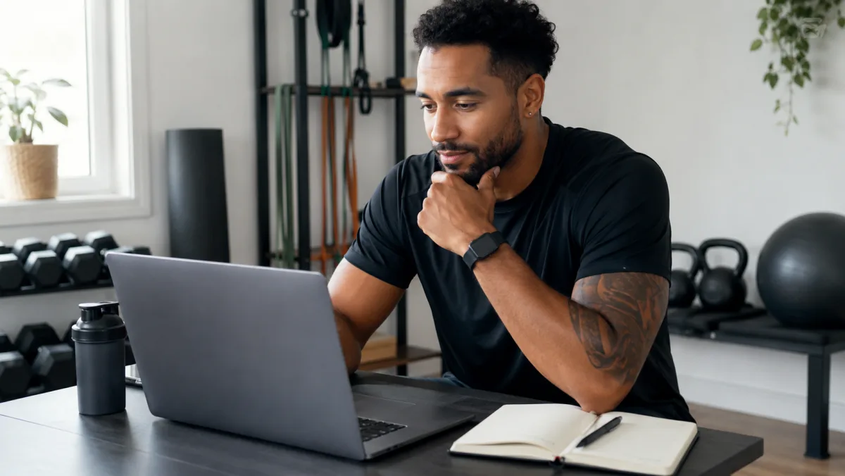 Coach reviewing pricing plans on a laptop at a desk in a home gym with dumbbells and kettlebells