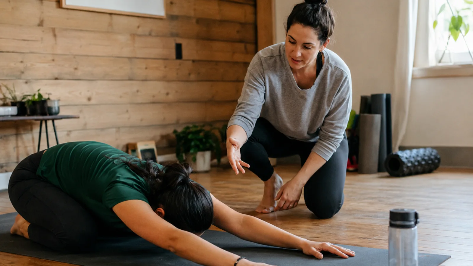 A personal trainer coaching a client through a stretch at home, an open programme notebook and training gear on the floor